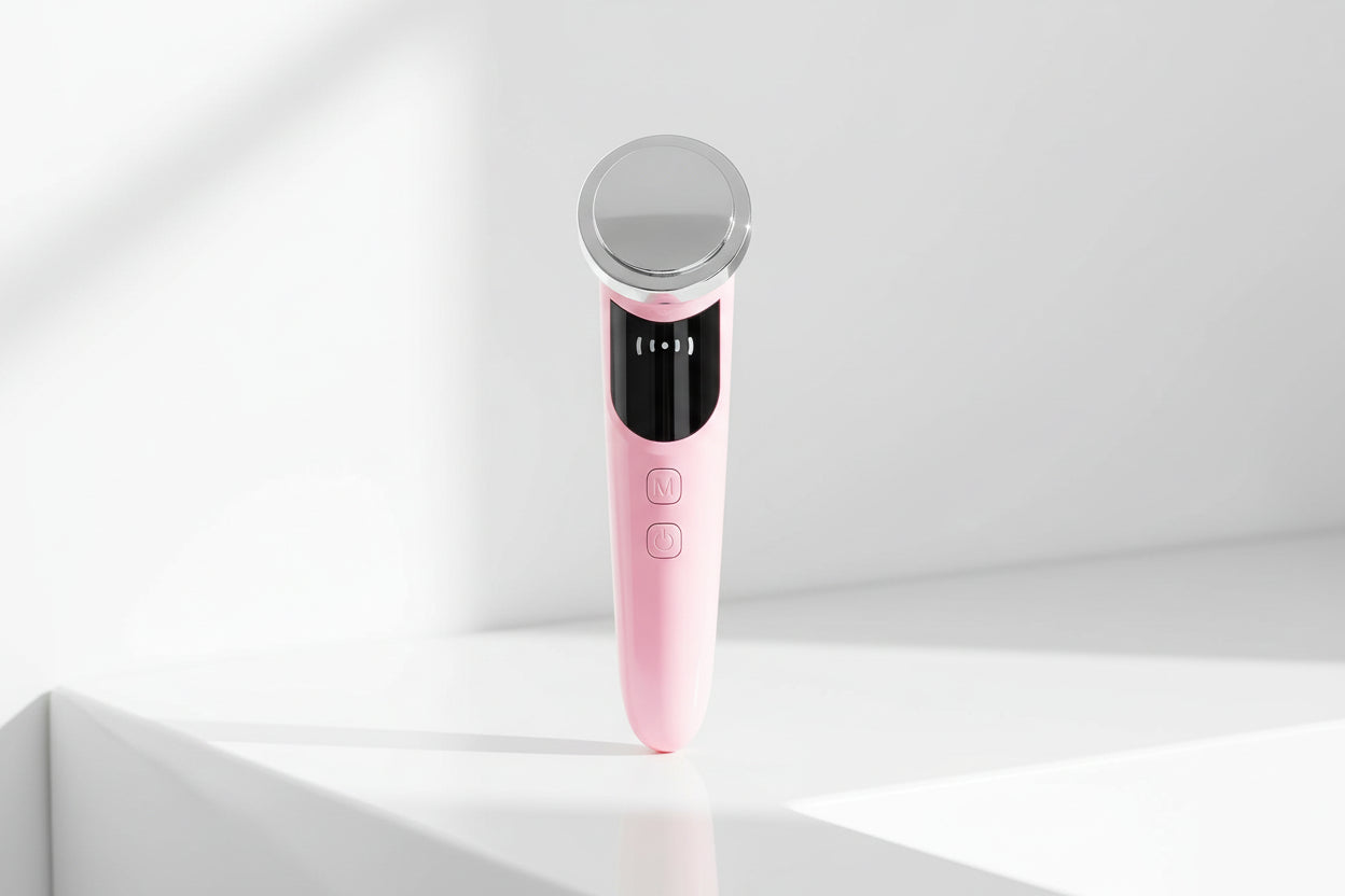 Pink electronic device with a silver top on a white background sitting onn a white table
