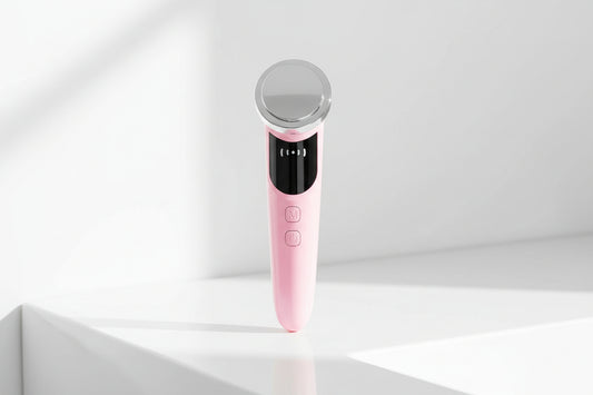 Pink electronic device with a silver top on a white background sitting onn a white table
